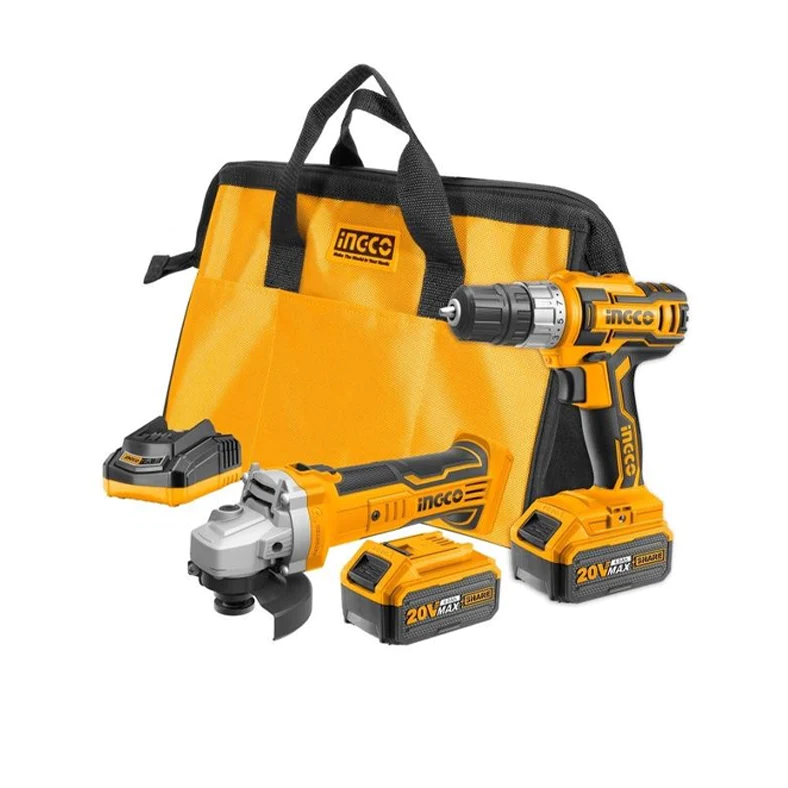 Ingco Set Angle Wheel & Drill Driver 20V with 2 4Ah Batteries and Case with Side handle, Key